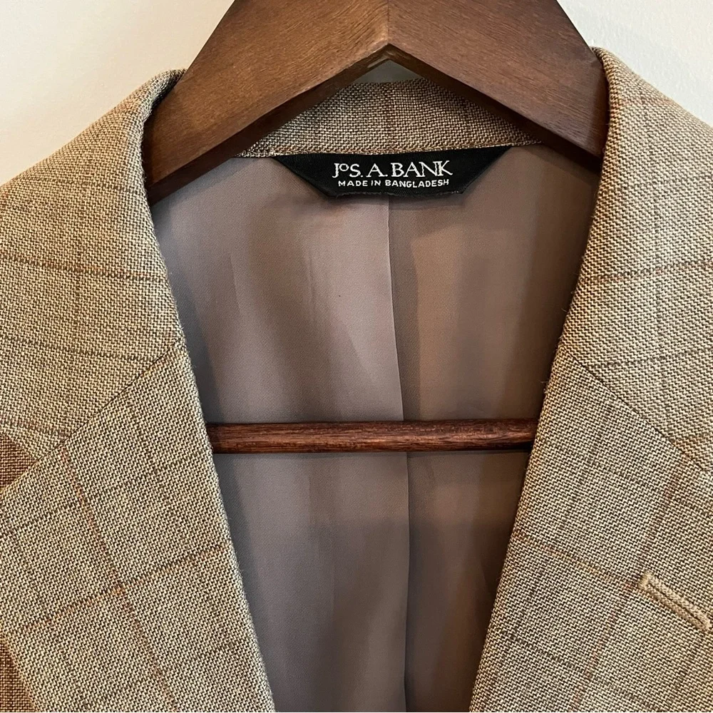 Jos A Bank Traveler’s Men’s Brown Plaid Window Pane Silk Wool Blazer 40R